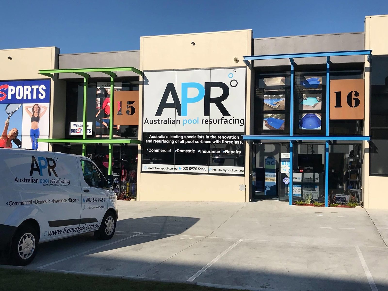 Australian Pool Resurfacing factory at Unit 16, 33 Milgate Drive, Mornington, with the APR van parked out front