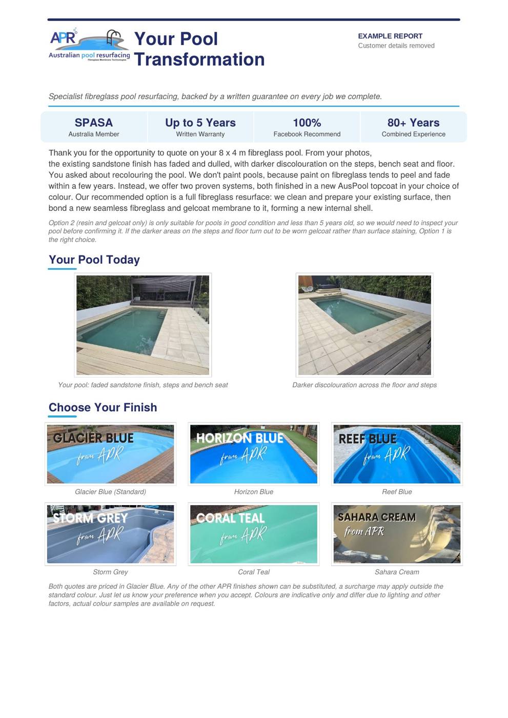 Example Pool Condition Report, page 1: photos of the customer's pool, what we found and the colour options