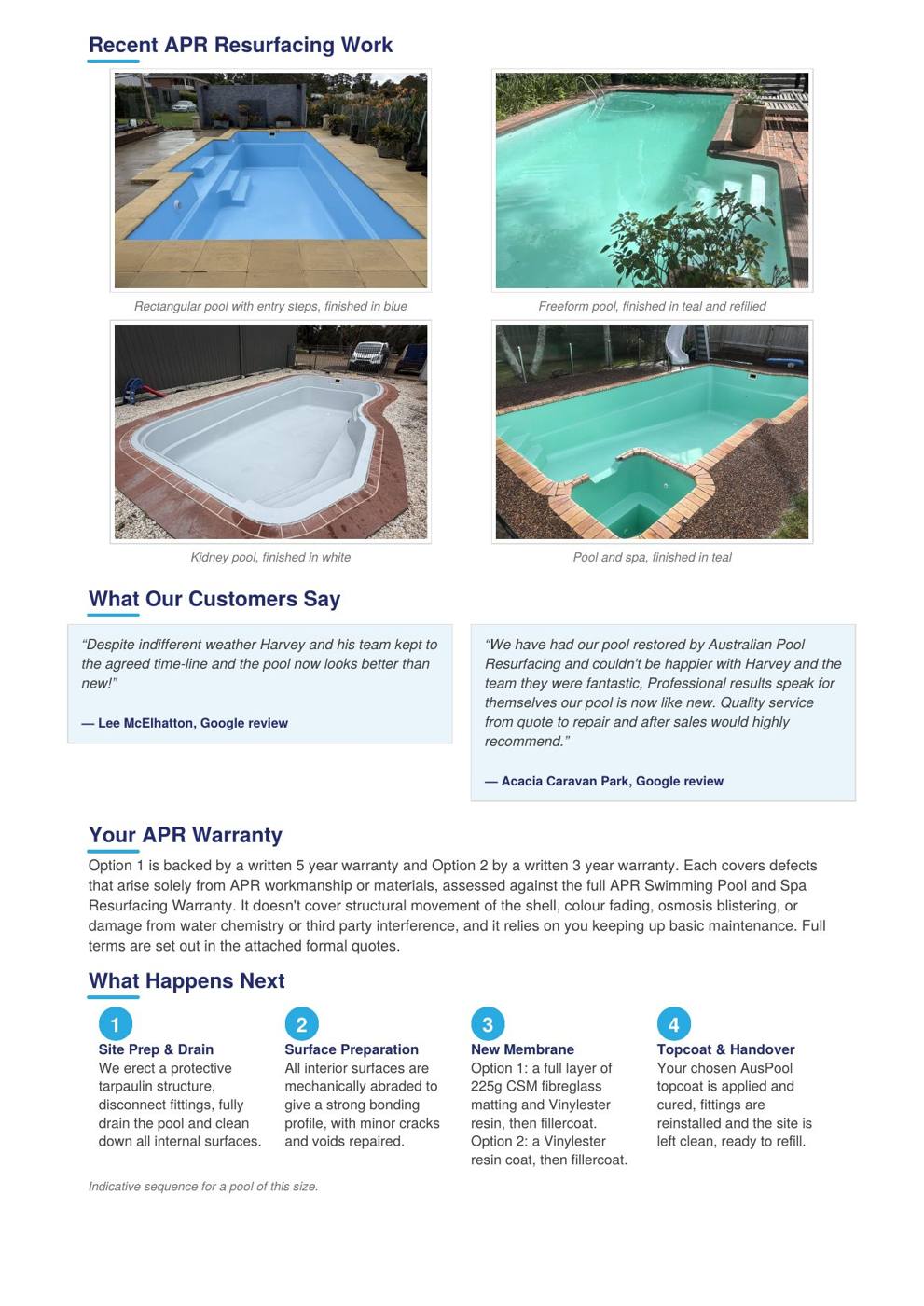 Example Pool Condition Report, page 2: recent work, customer reviews, warranty and what happens next